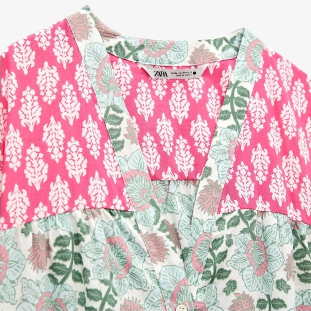 Zara Pink and Green Patterned Dress Size Small - Picture 6 of 10